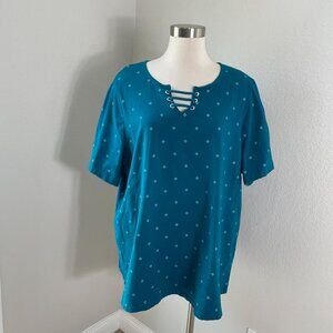 Catherines Womens Plus 2X 22/24W Suprema Collection Teal Lace Up Neck Tunic Top